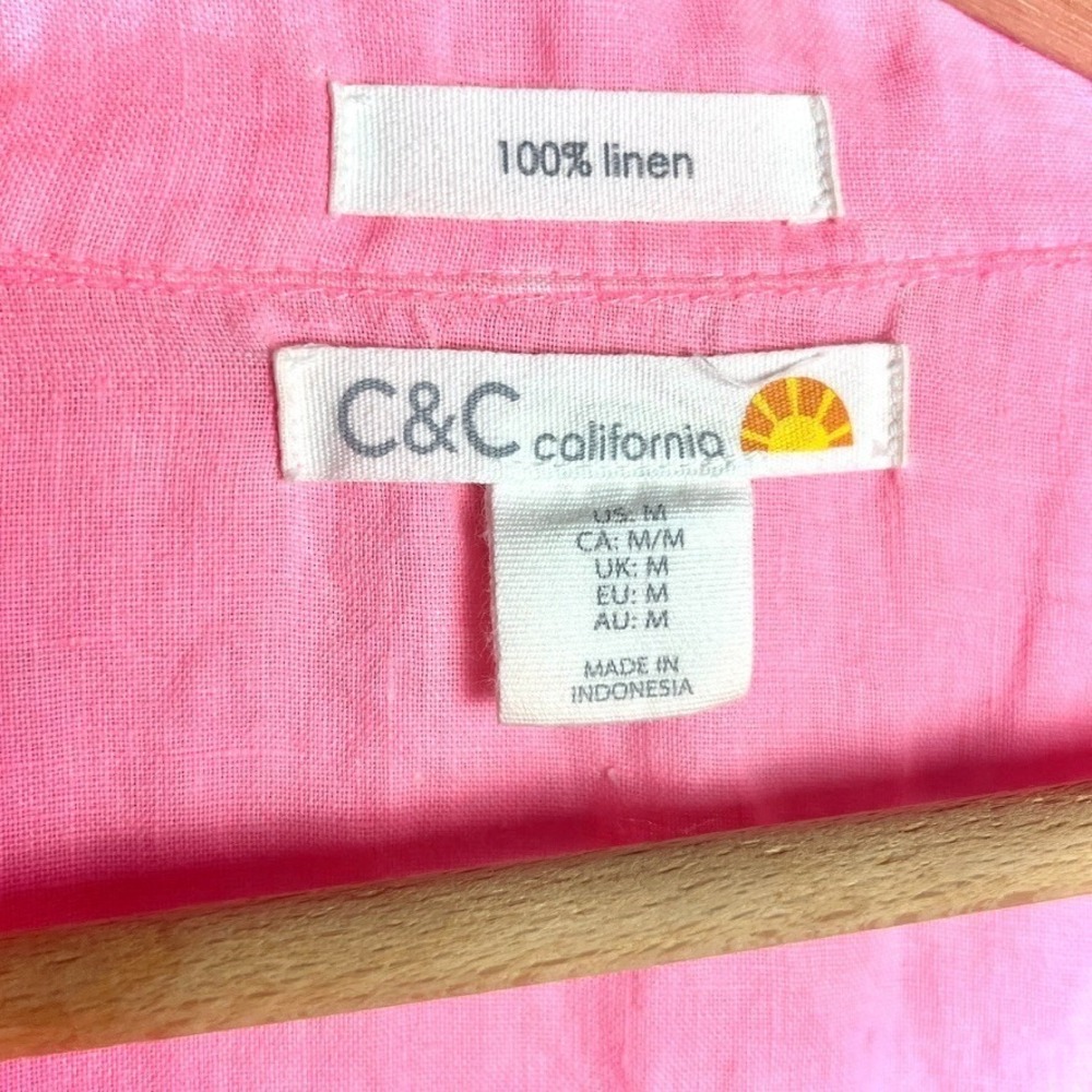 C&C California 100% Linen Hot Pink Split Neck Top Size Medium Resort Vacation - Picture 2 of 6